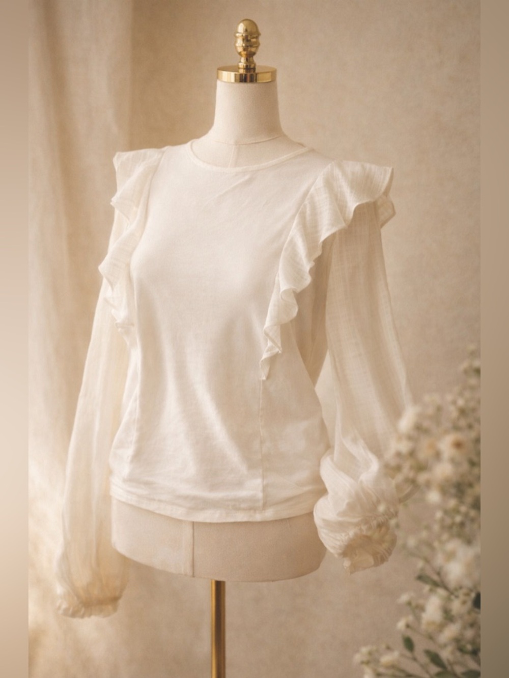 J.Crew White Ruffle Shoulder Blouse Long Sleeve Sheer Sleeve Romantic Top Size S